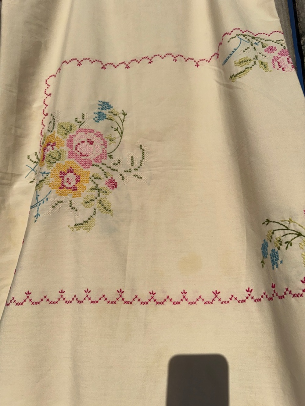 Vintage Homemade Cross Stitch Floral Tablecloth 56" x 100"